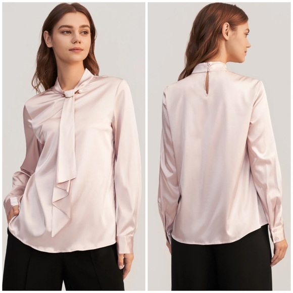 🌺 Lilysilk Pale Pink Silk Feminine Stand Collar Blouse Top w/ Pearl Clip Brooch - Picture 2 of 14
